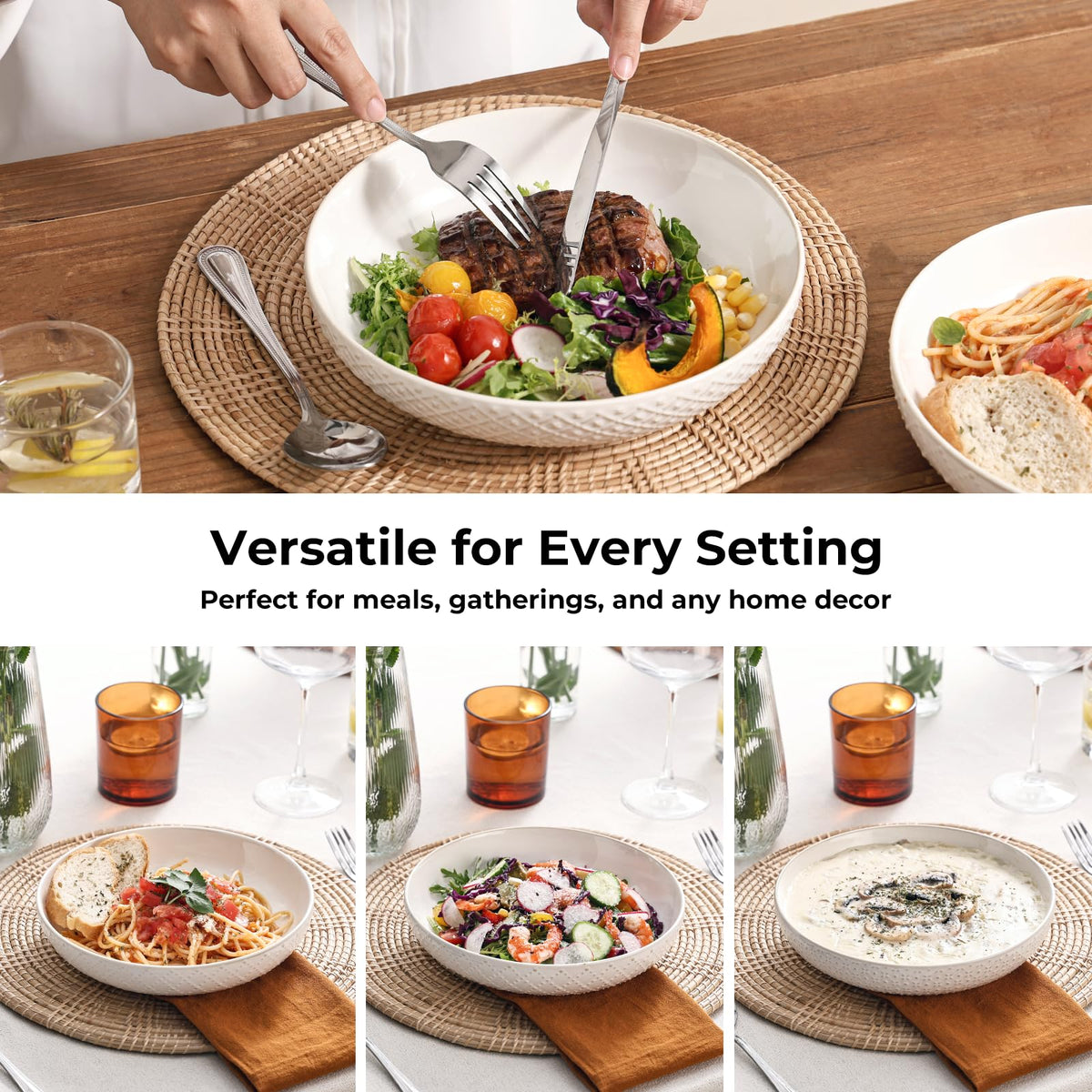 8.5" Ceramic Pasta Bowls Set of 4, 30 oz Soft White S5143