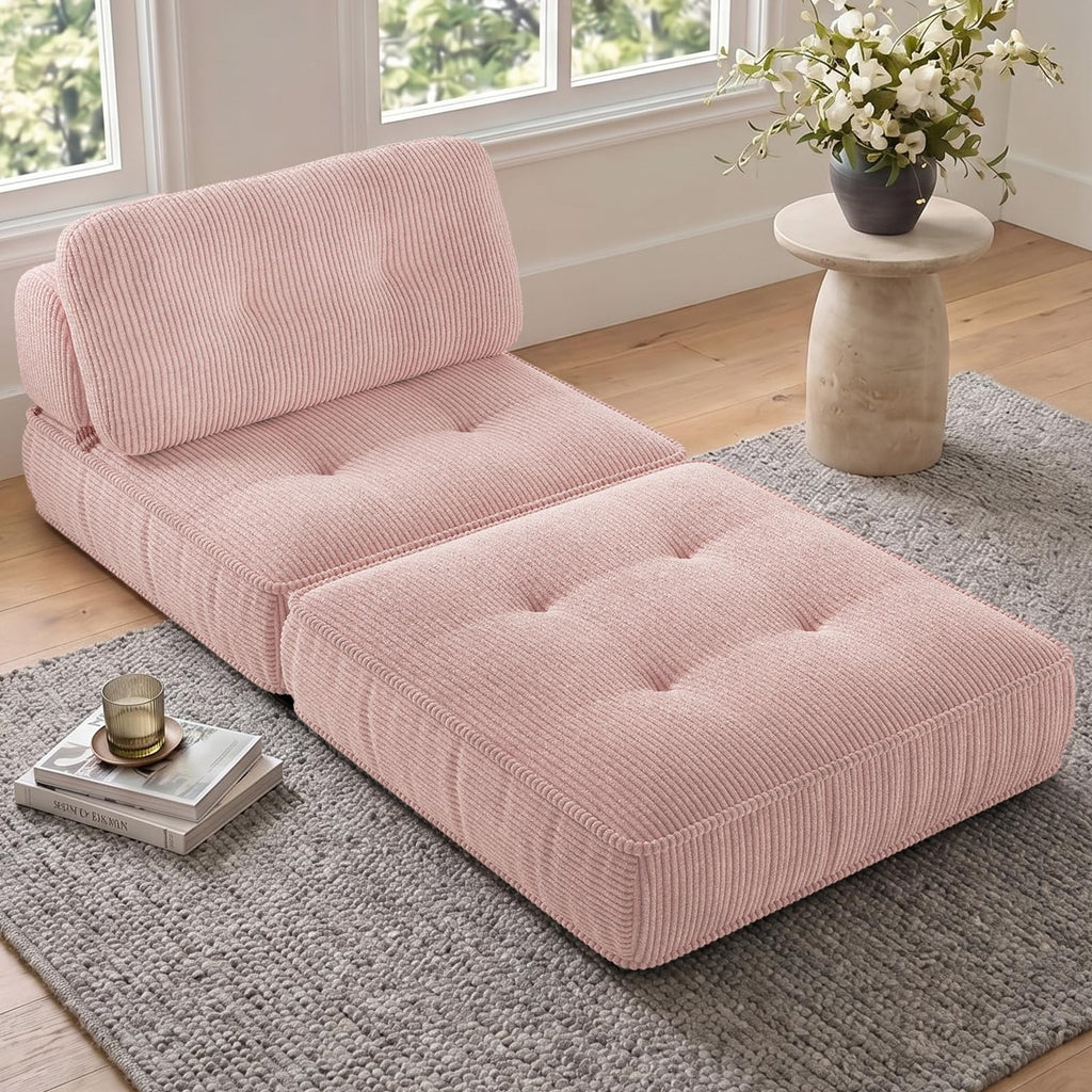 Pink Corduroy 3-in-1 Folding Sofa Bed with Memory Foam U83749