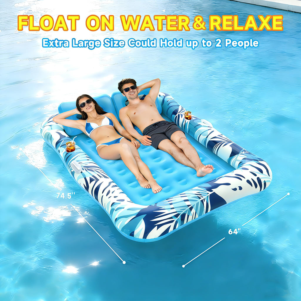 75"x64" XXL Inflatable Tanning Pool Lounger Float with Pillow Blue X667851