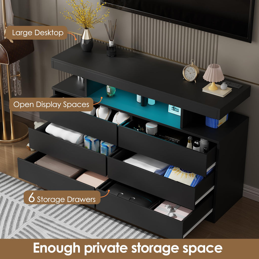 Black Dresser with Charging Station and LED Lights Y1490