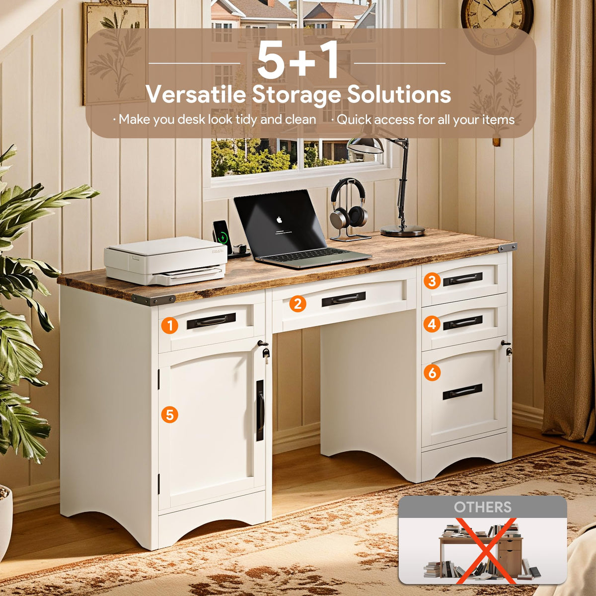 White Wood Executive Desk with Drawers and File Cabinet D1476