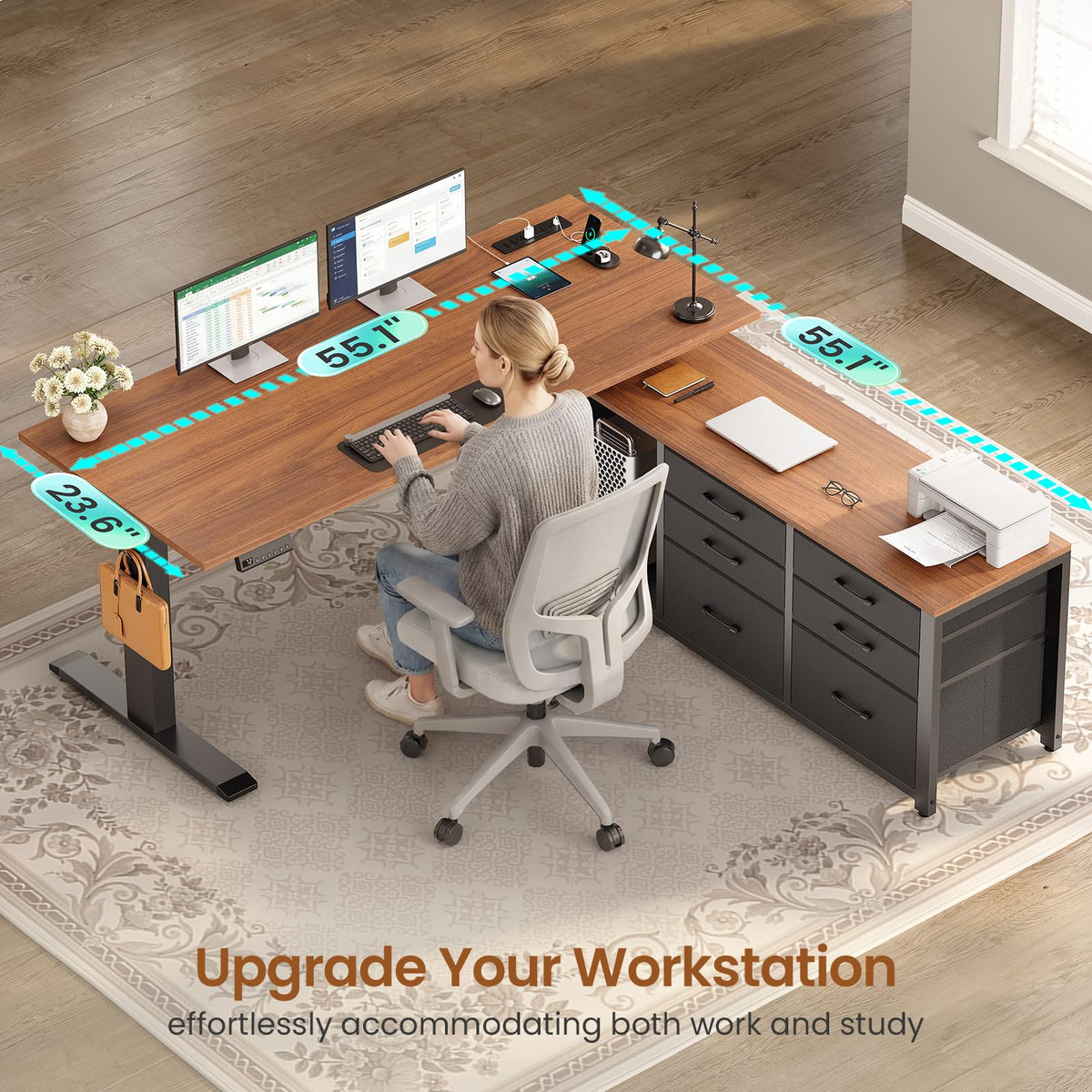 L Shaped Electric Standing Desk, 55" x 55" Height Adjustable Corner Office Desk with 6 Fabric Drawers and Storage Shelves, Stand up Home Office Desk with Power Outlet, Black and Brown S782