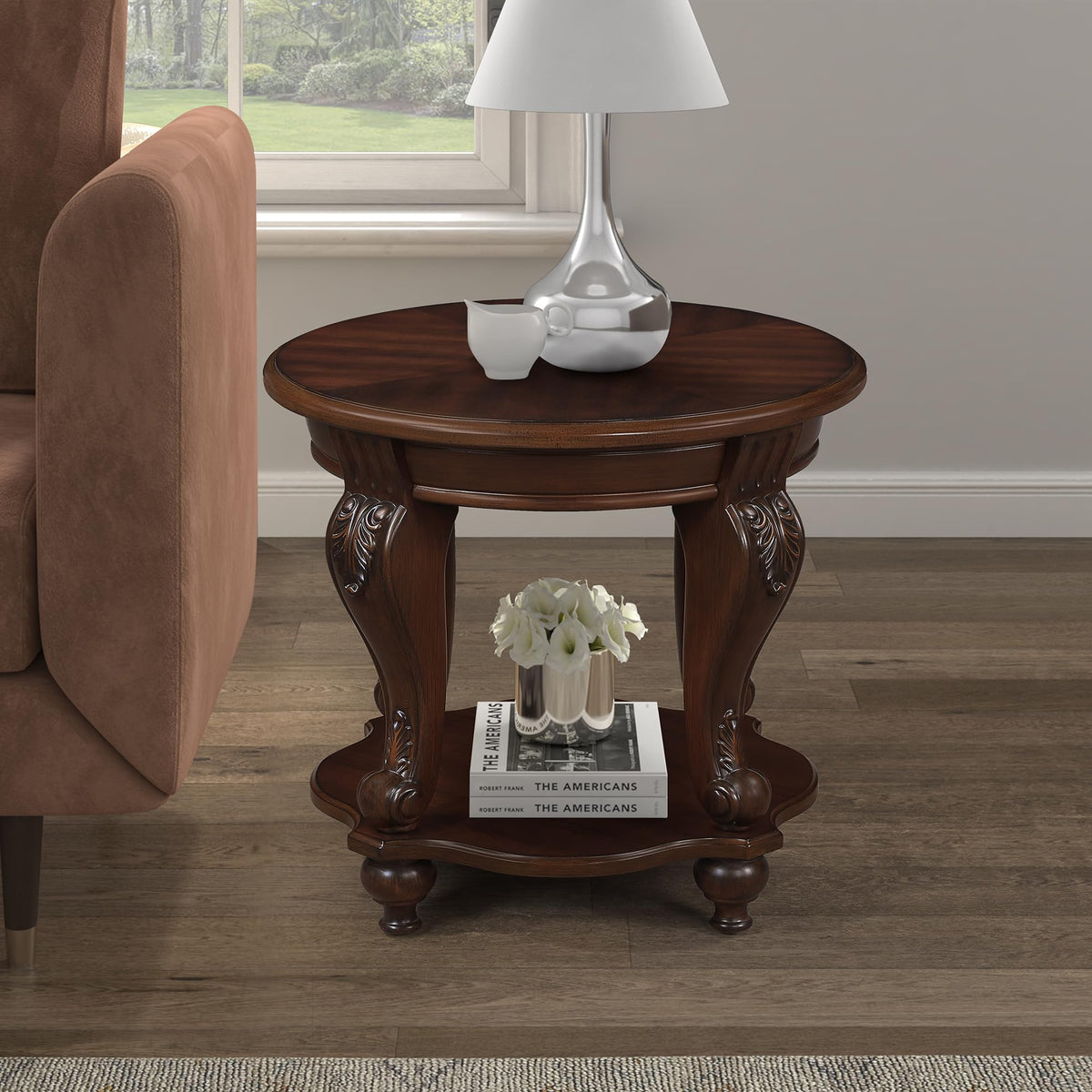 Vintage Round Wood End Side Table 22-Inch O71425
