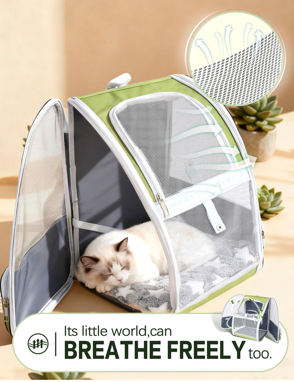 Cat Backpack Carrier with Washable Bed Mat Green M445412