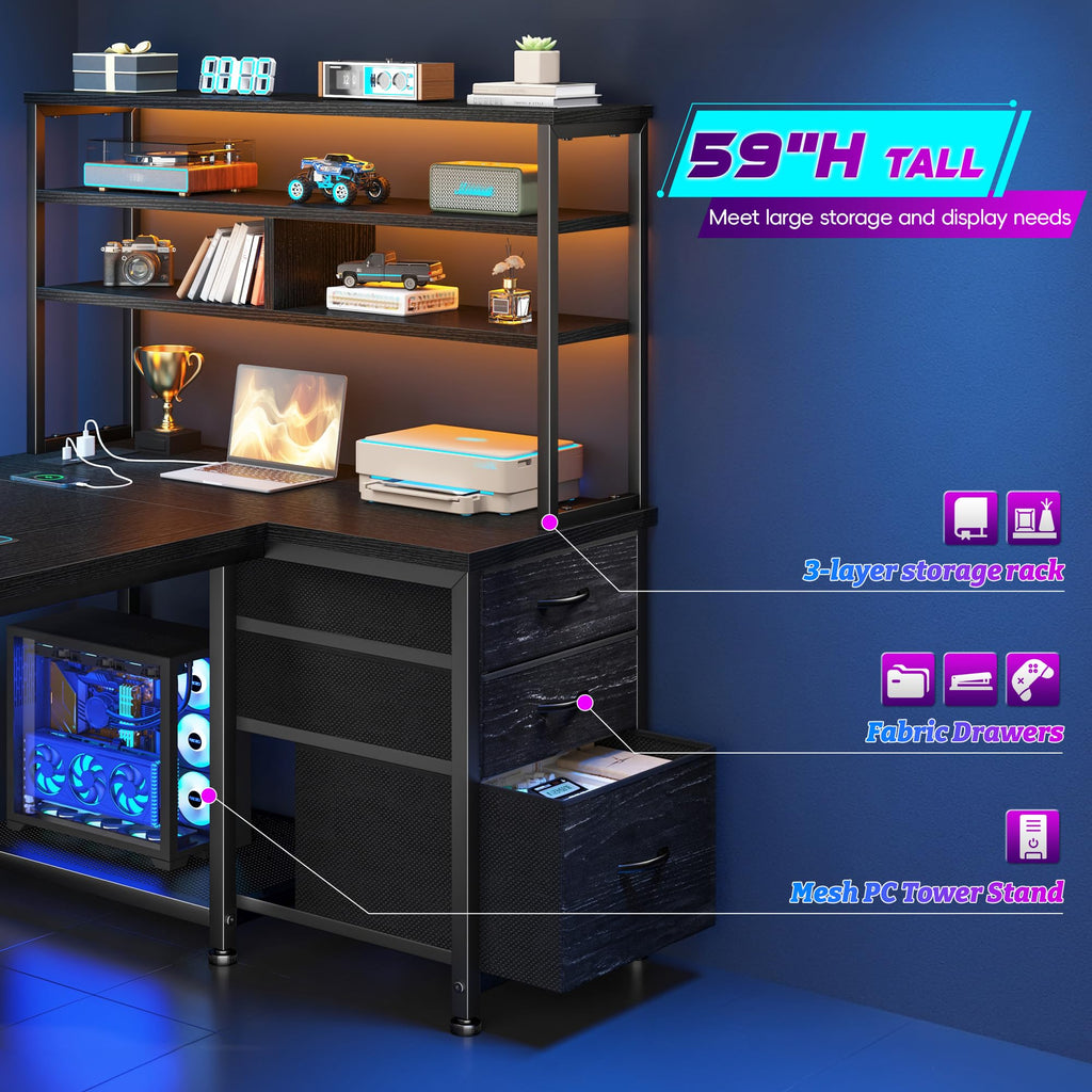 55" L Shaped Gaming Desk with 3 Fabric Drawers & Shelves S77358
