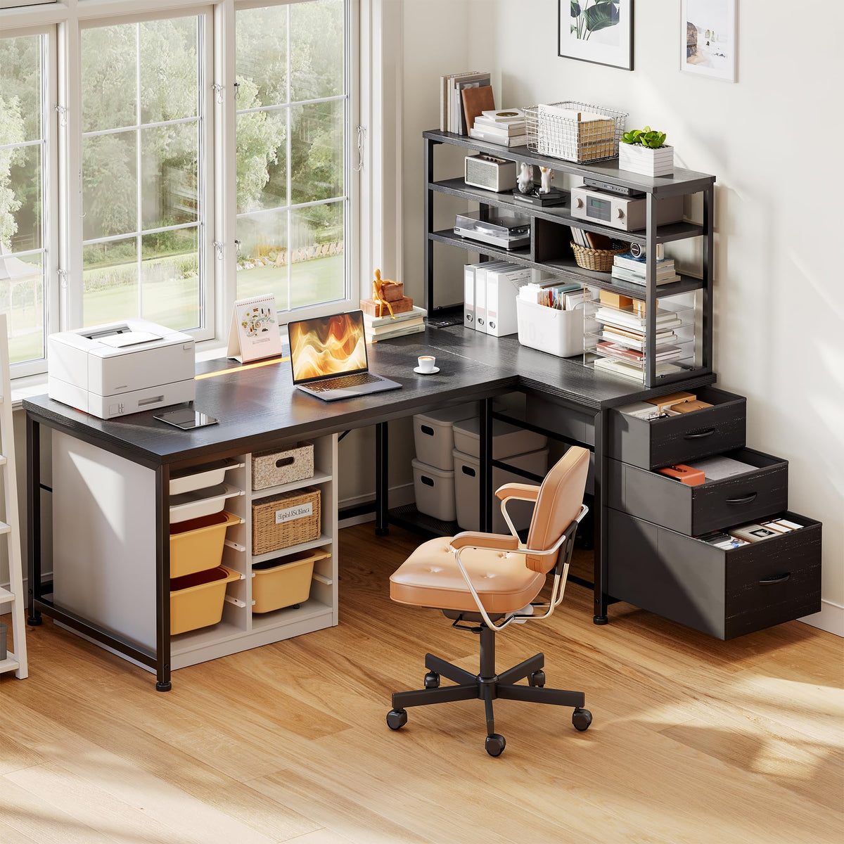 55" L Shaped Gaming Desk with 3 Fabric Drawers & Shelves S77358