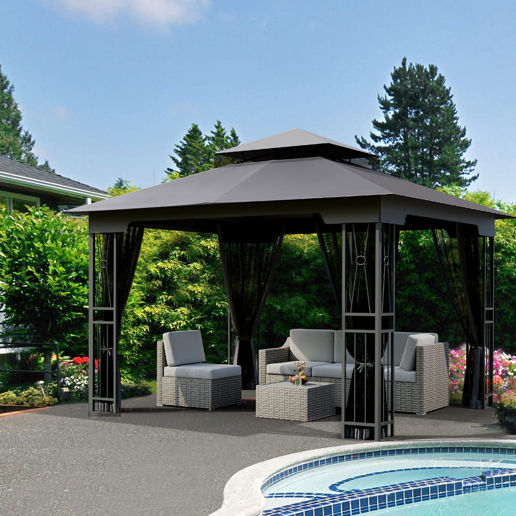 10' X 12' Outdoor Patio Gazebo with Double Roof and Mosquito Netting K90092