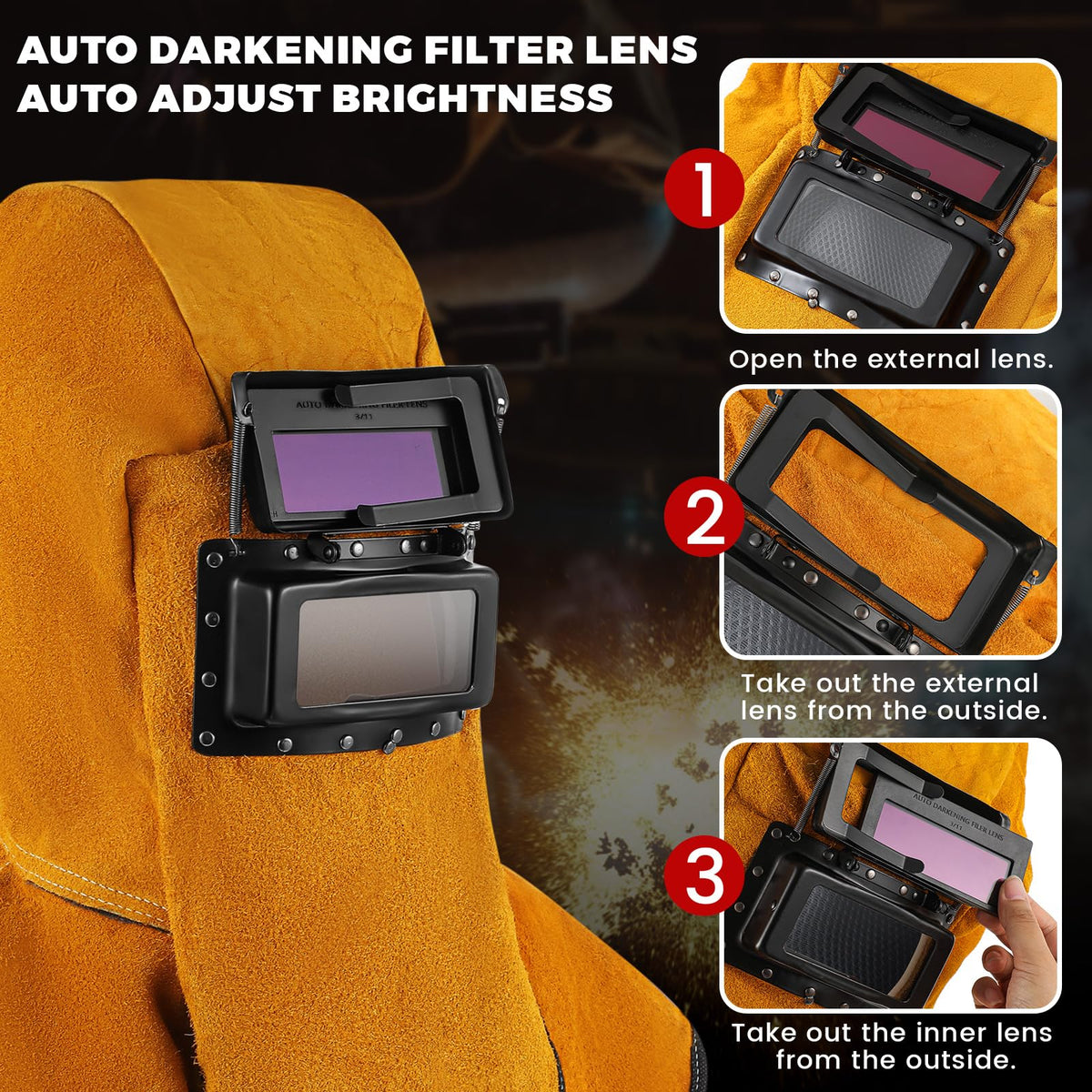 Leather Welding Hood with Auto Darkening Filter Lens J811648