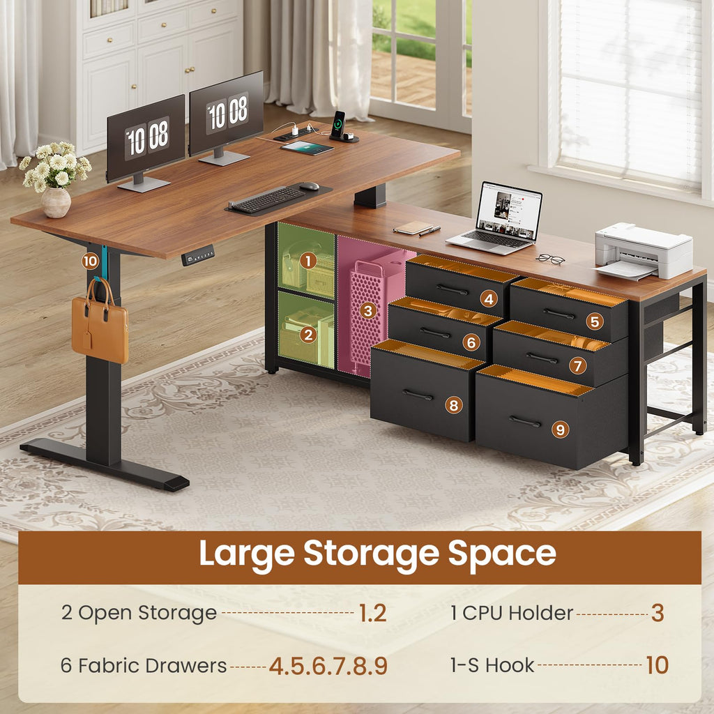L Shaped Electric Standing Desk, 55" x 55" Height Adjustable Corner Office Desk with 6 Fabric Drawers and Storage Shelves, Stand up Home Office Desk with Power Outlet, Black and Brown S782