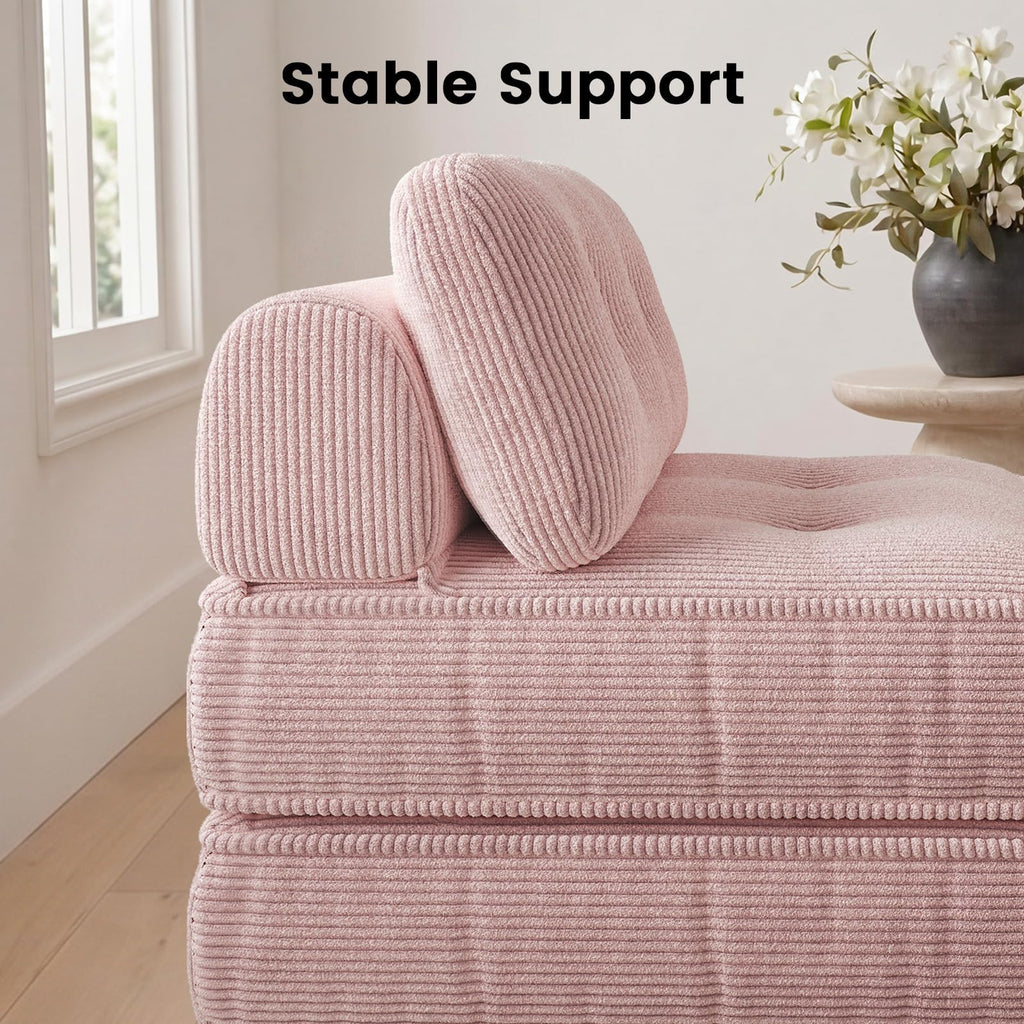 Pink Corduroy 3-in-1 Folding Sofa Bed with Memory Foam U83749