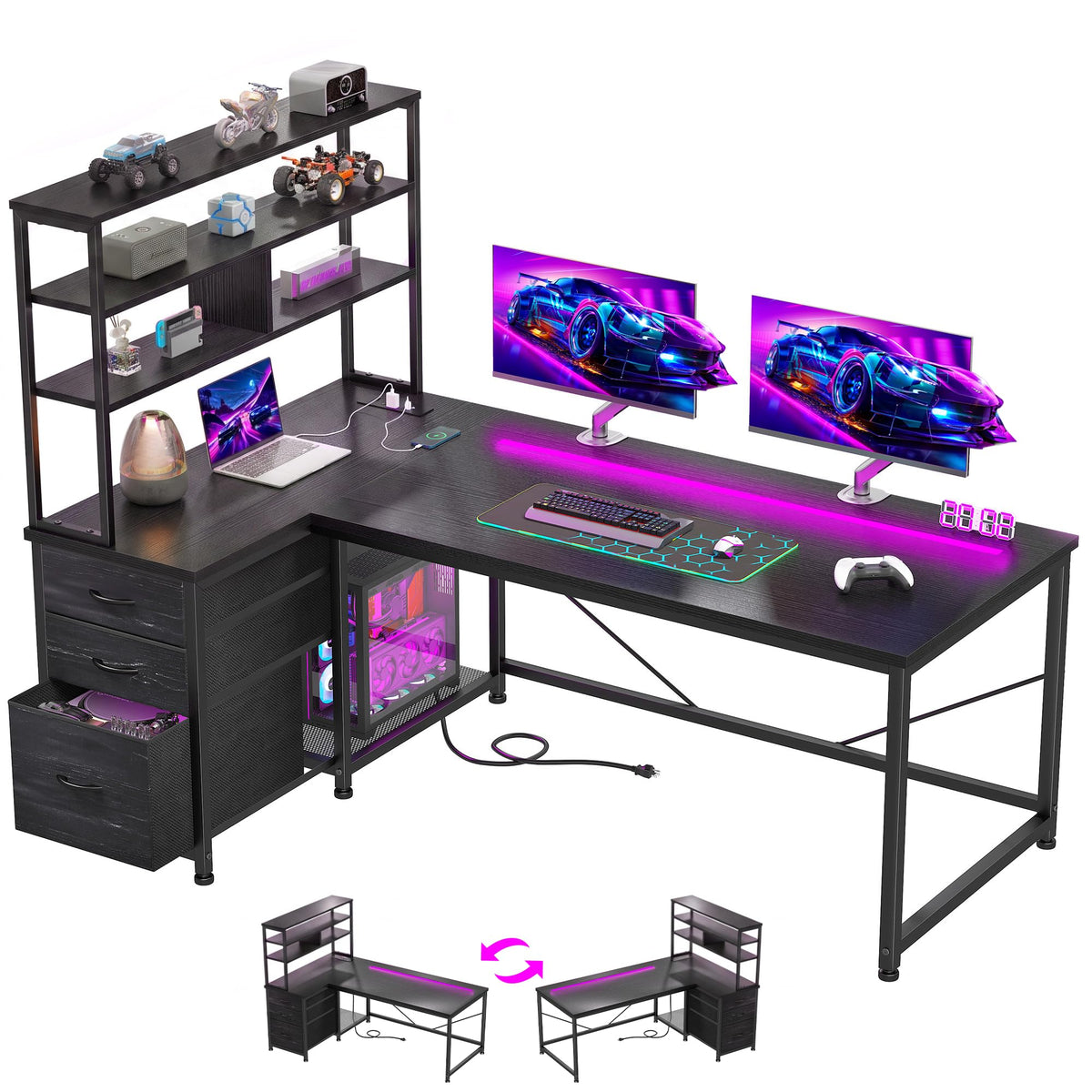 55" L Shaped Gaming Desk with 3 Fabric Drawers & Shelves S77358