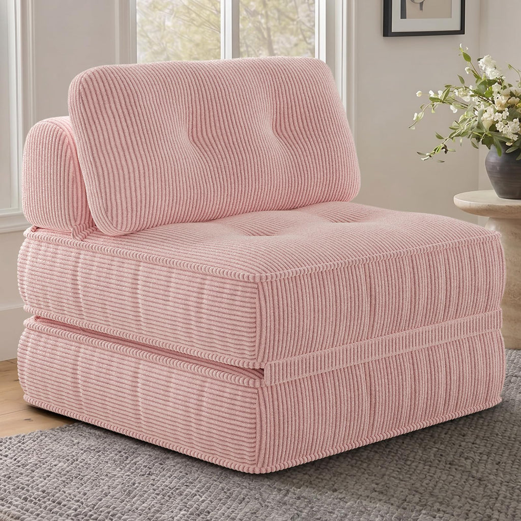 Pink Corduroy 3-in-1 Folding Sofa Bed with Memory Foam U83749
