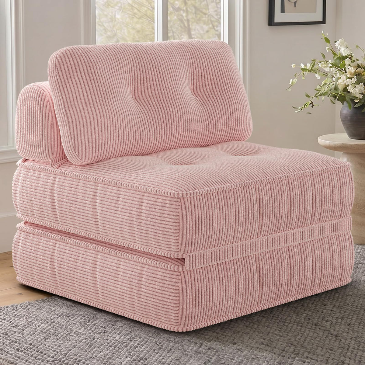 Pink Corduroy 3-in-1 Folding Sofa Bed with Memory Foam U83749