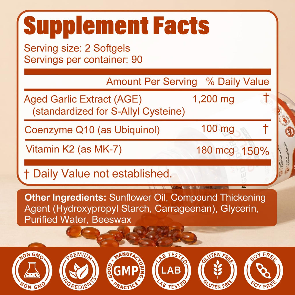 Aged Garlic Extract 1200 mg Softgels with CoQ10 Ubiquinol & Vitamin K2 180 Counts Y709