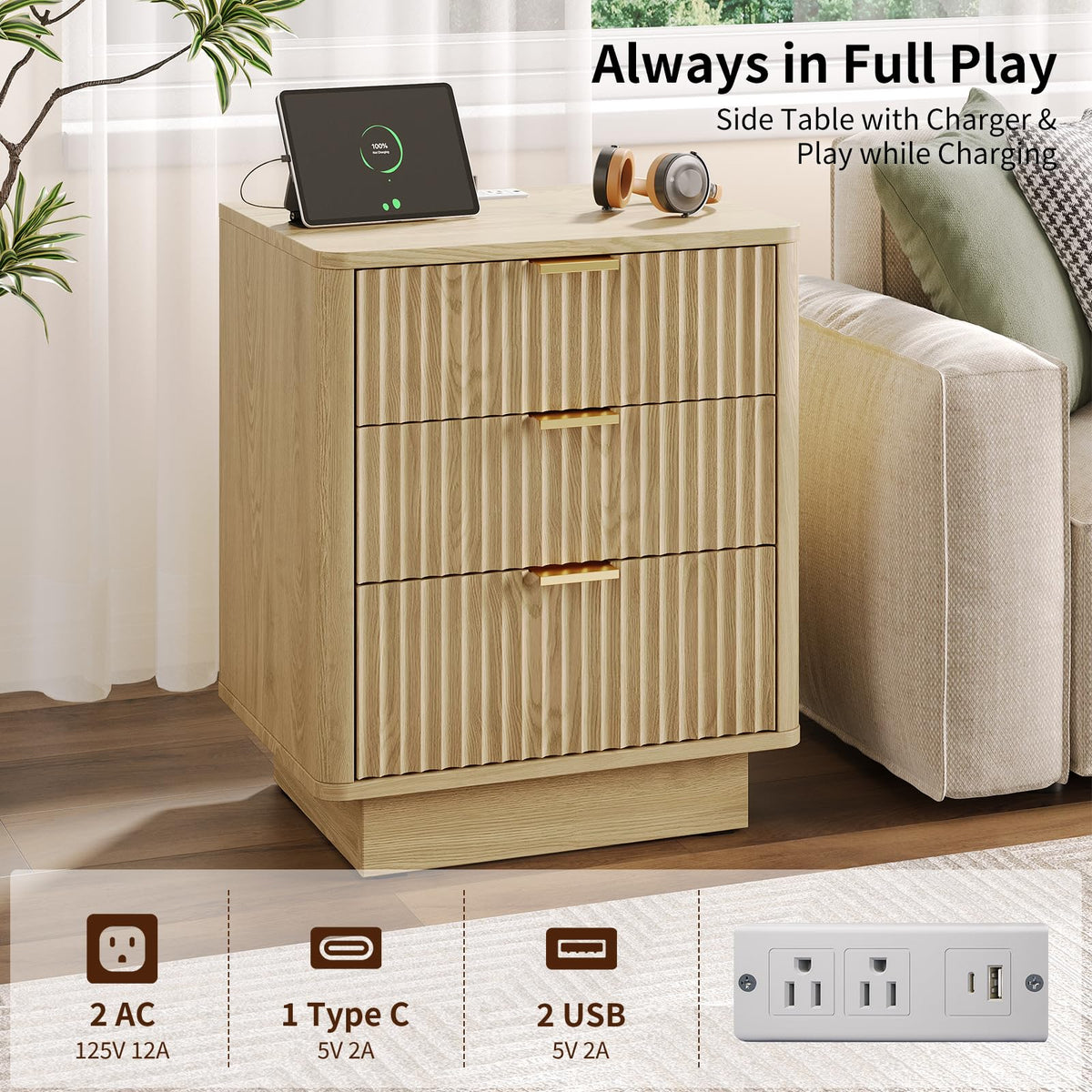Natural 3 Drawer Nightstand with Charging Station E482451