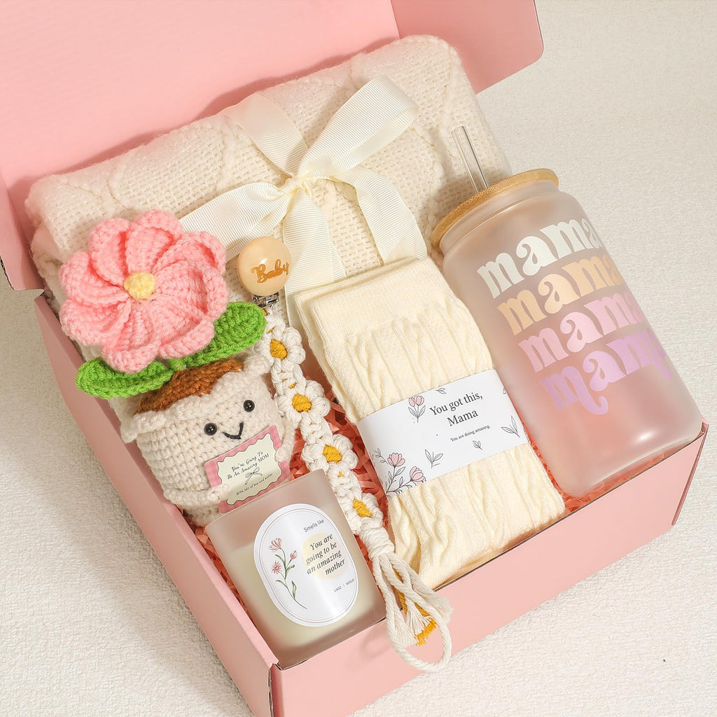 Mom Gift Basket with Blanket, Glass Cup, Candle, Socks & Crochet Flower O254