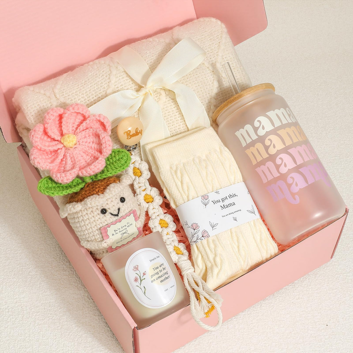 Mom Gift Basket with Blanket, Glass Cup, Candle, Socks & Crochet Flower O254