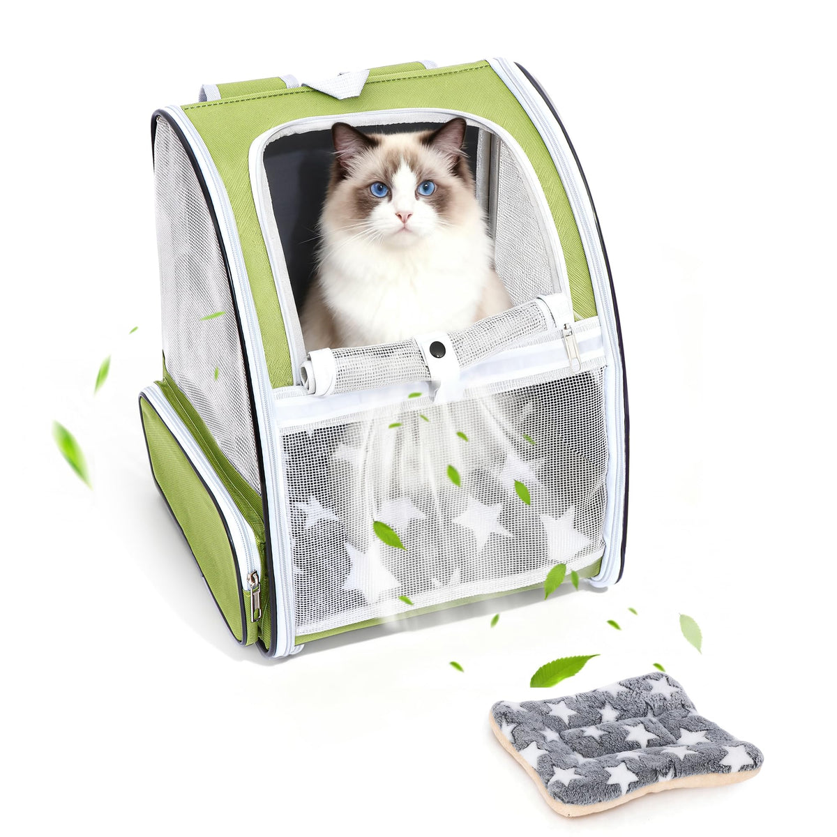 Cat Backpack Carrier with Washable Bed Mat Green M445412