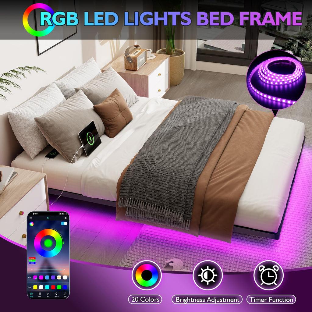 Full Size Metal Platform Bed Frame with LED Lights & Charging Station J144