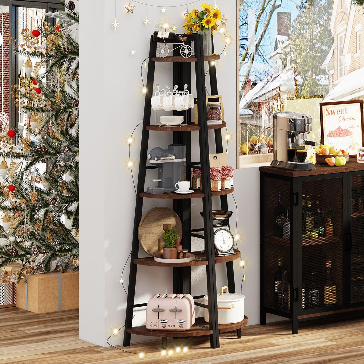 5-Tier Black Metal Wood Corner Bookshelf I635343