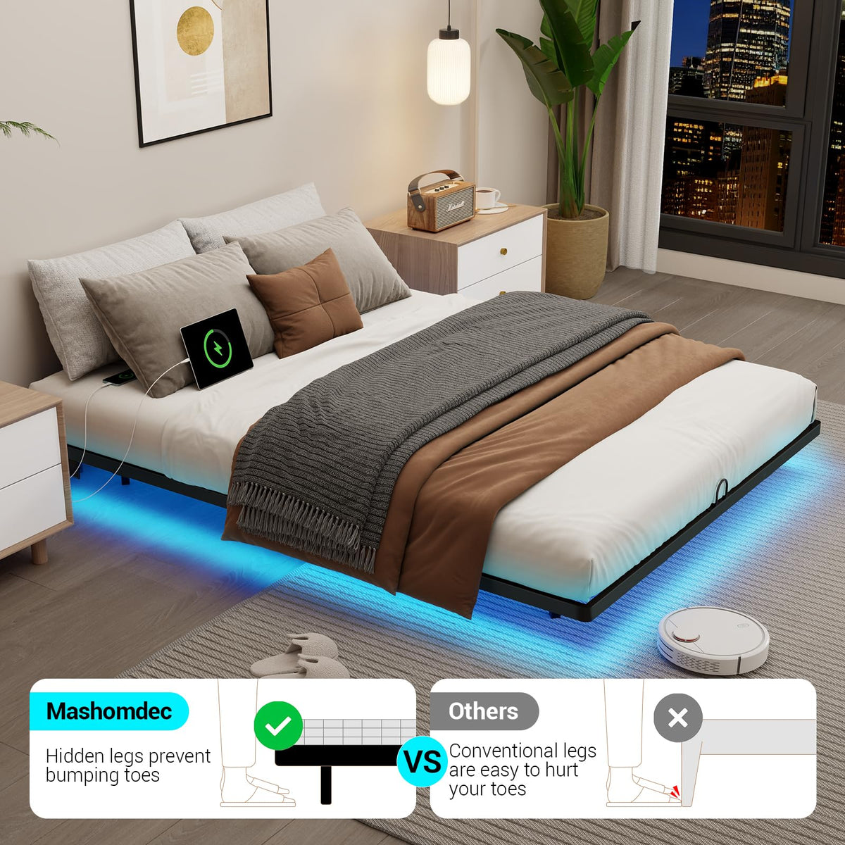 Full Size Metal Platform Bed Frame with LED Lights & Charging Station J144