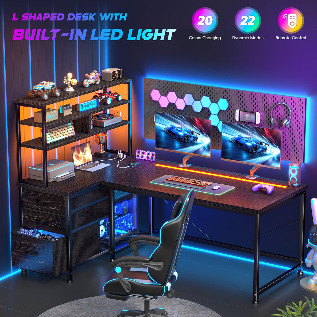 55" L Shaped Gaming Desk with 3 Fabric Drawers & Shelves S77358