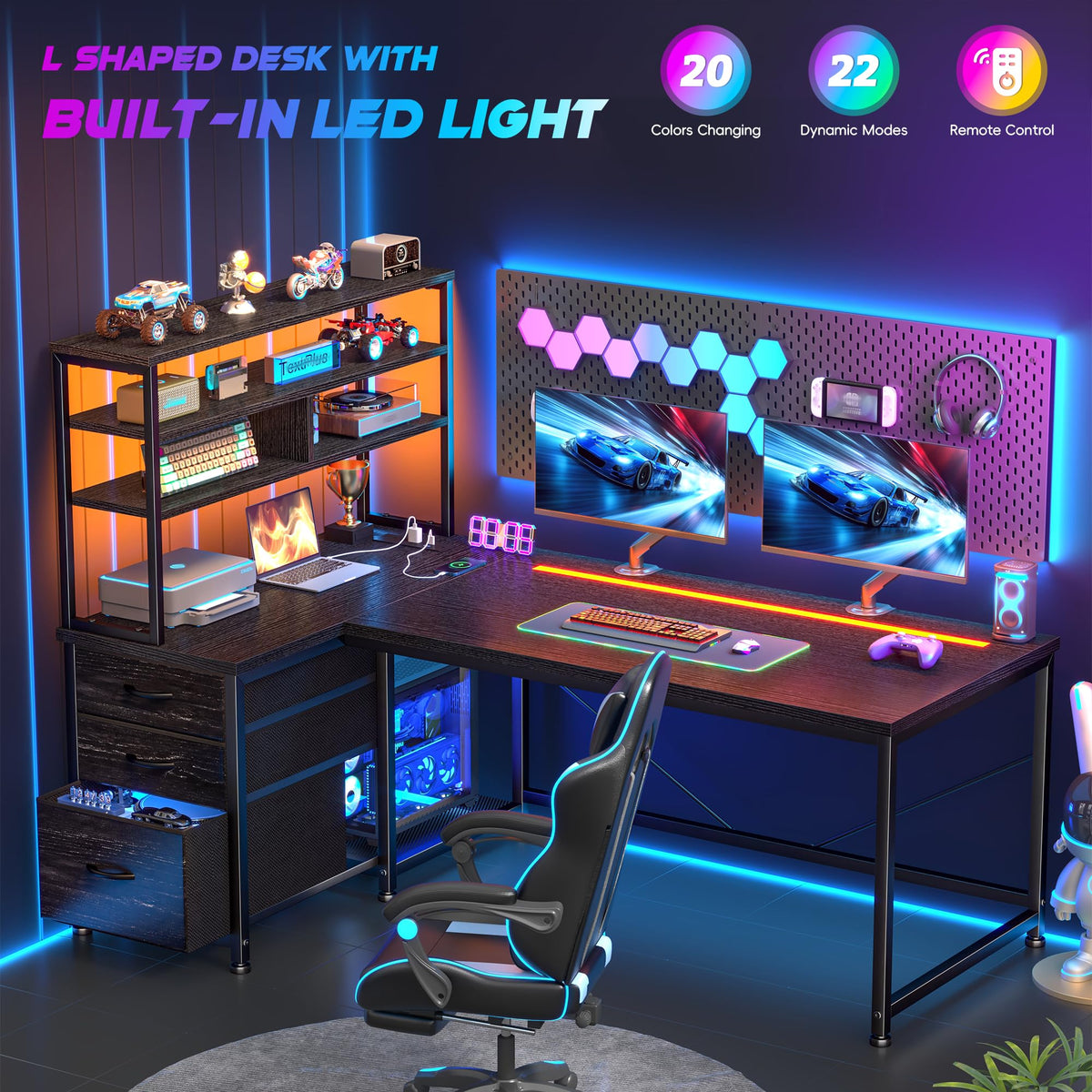 55" L Shaped Gaming Desk with 3 Fabric Drawers & Shelves S77358