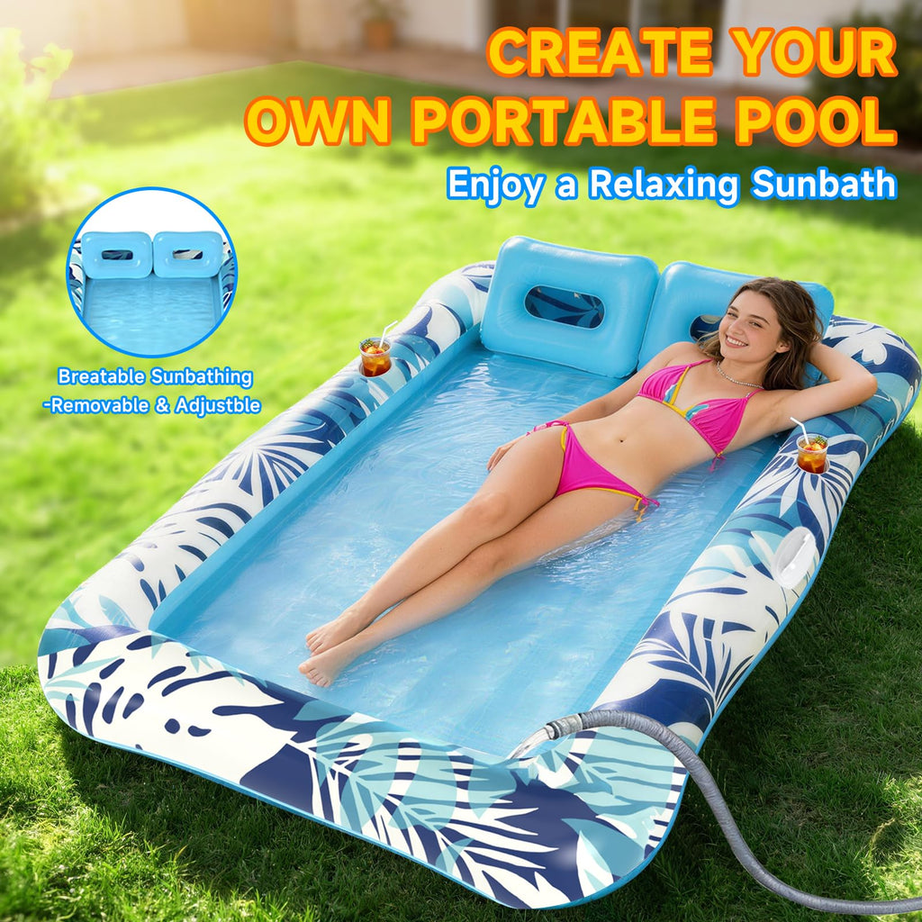 75"x64" XXL Inflatable Tanning Pool Lounger Float with Pillow Blue X667851