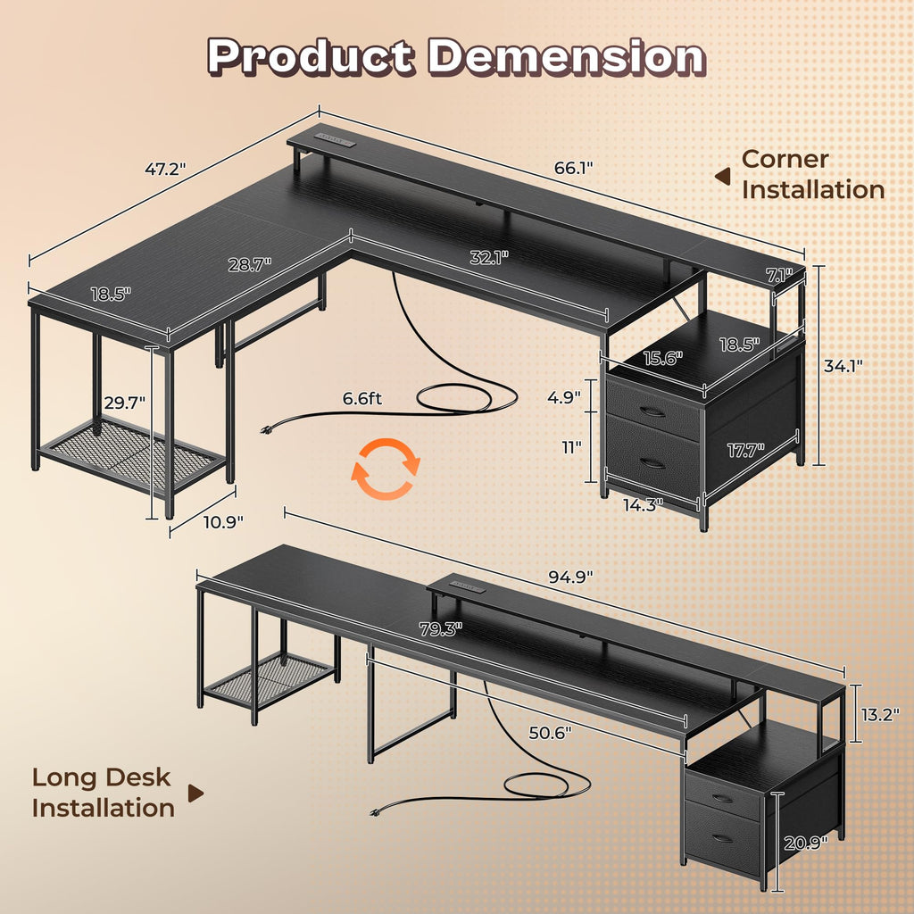 66" L Shaped Gaming Desk with LED Lights & Power Outlets U3042