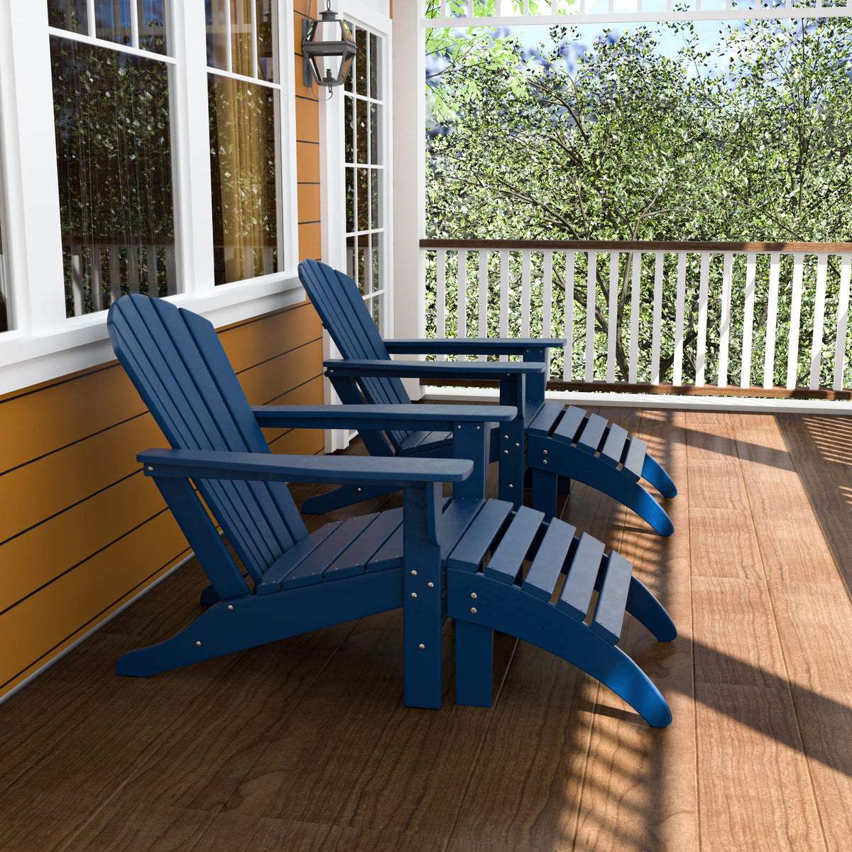2pcs Navy Blue HDPE Outdoor Adirondack Chairs with Footrest Ottoman Set P453403