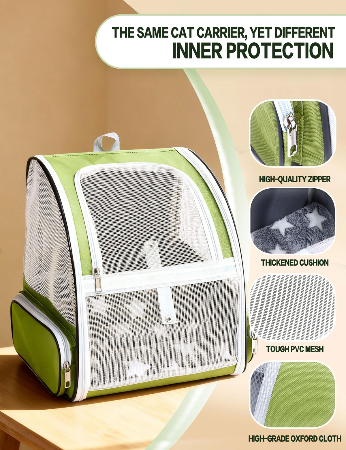 Cat Backpack Carrier with Washable Bed Mat Green M445412