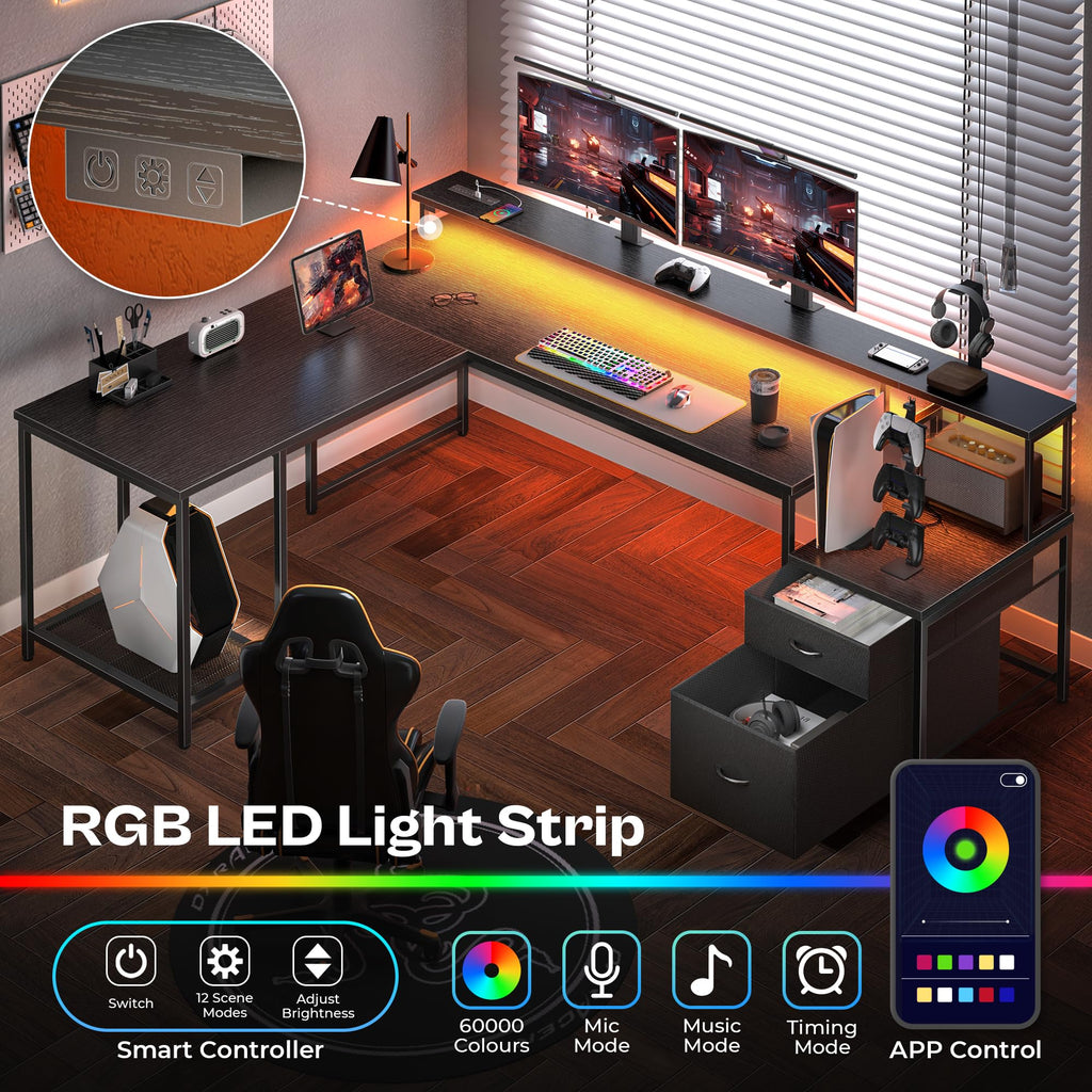 66" L Shaped Gaming Desk with LED Lights & Power Outlets U3042