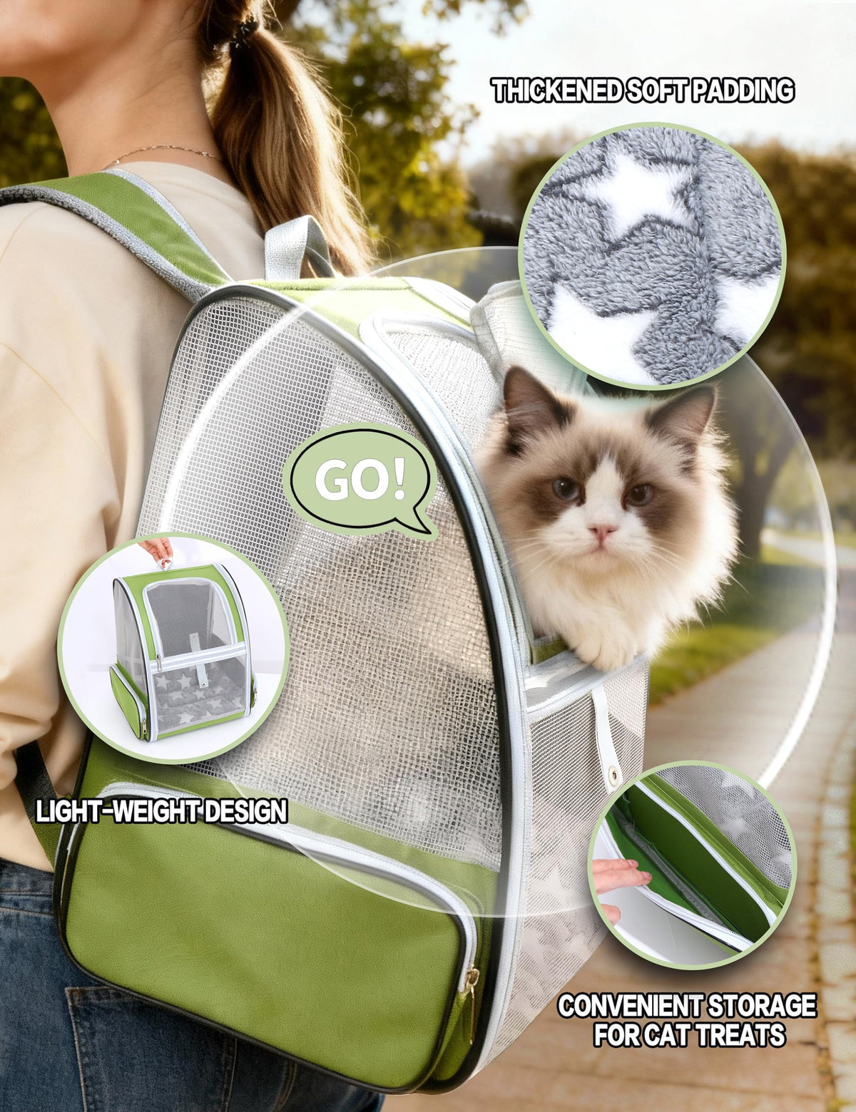 Cat Backpack Carrier with Washable Bed Mat Green M445412