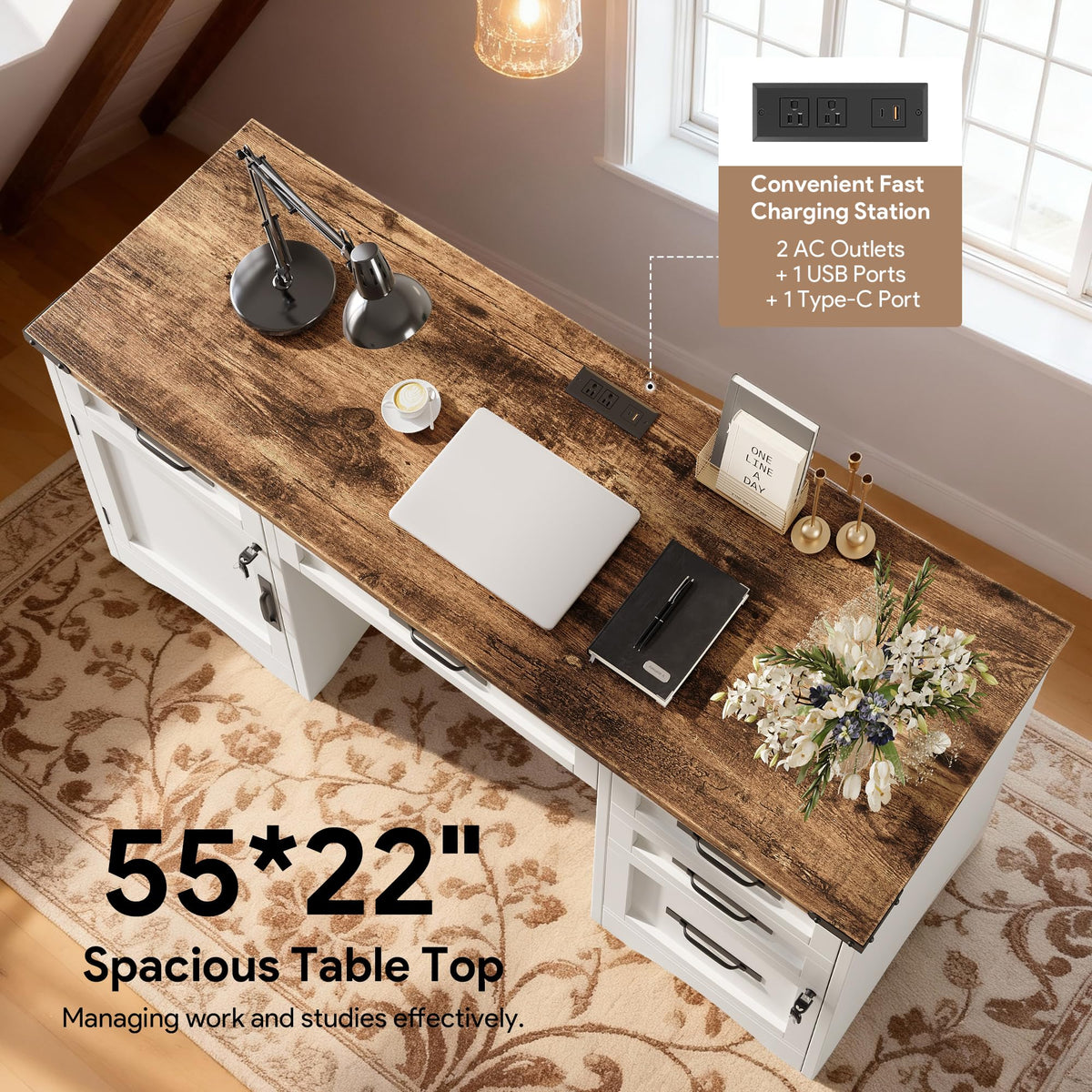 White Wood Executive Desk with Drawers and File Cabinet D1476