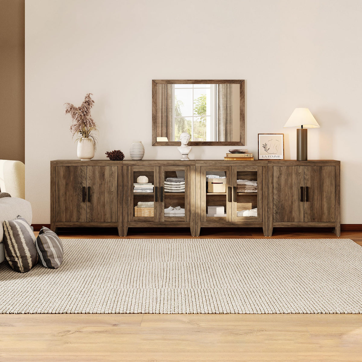 Brown Wood TV Stand with Storage and Glass Doors G2267