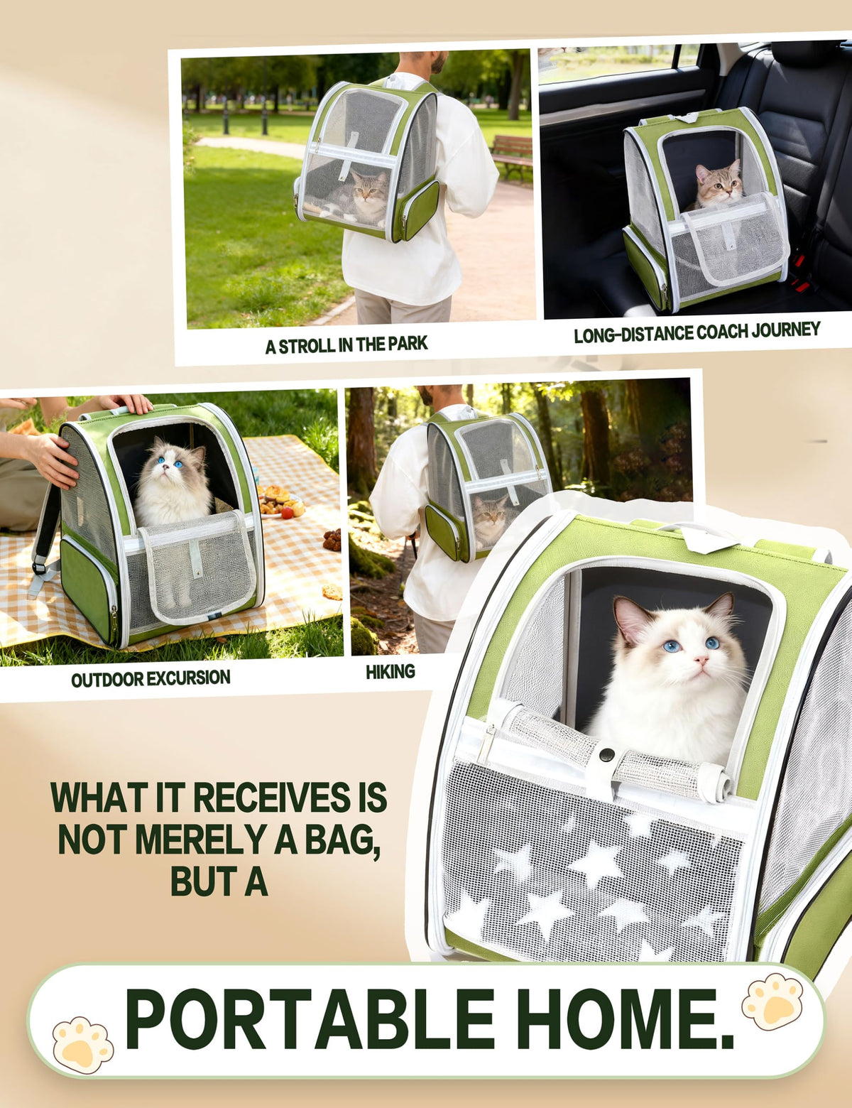 Cat Backpack Carrier with Washable Bed Mat Green M445412