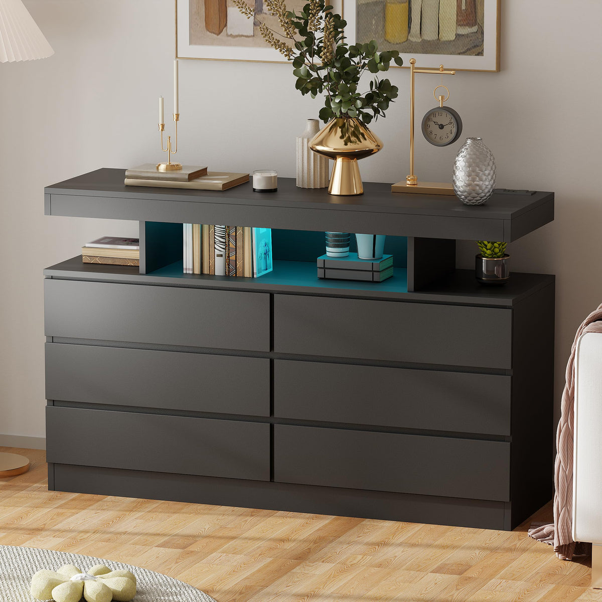 Black Dresser with Charging Station and LED Lights Y1490