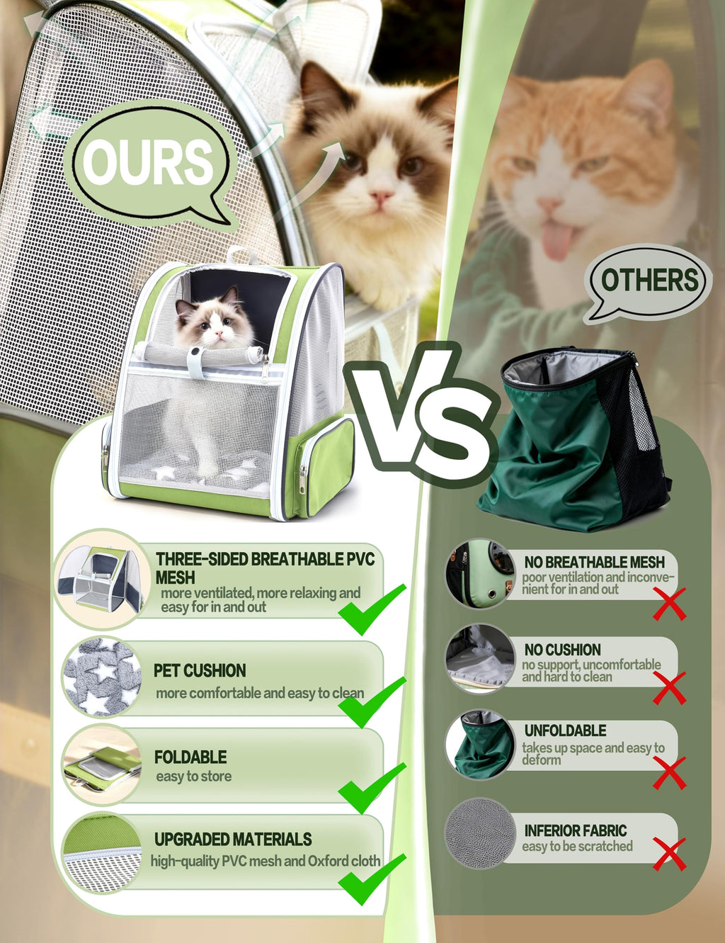 Cat Backpack Carrier with Washable Bed Mat Green M445412