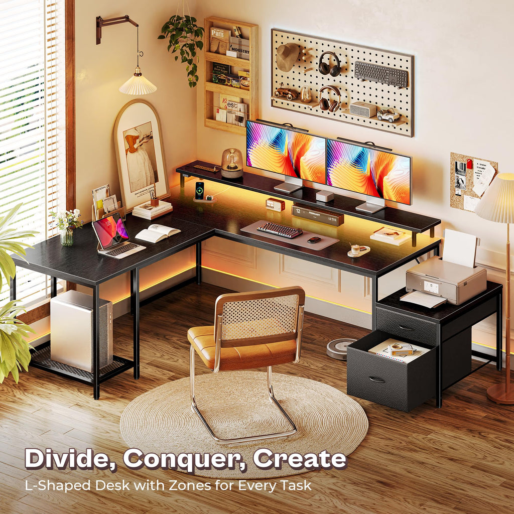 66" L Shaped Gaming Desk with LED Lights & Power Outlets U3042