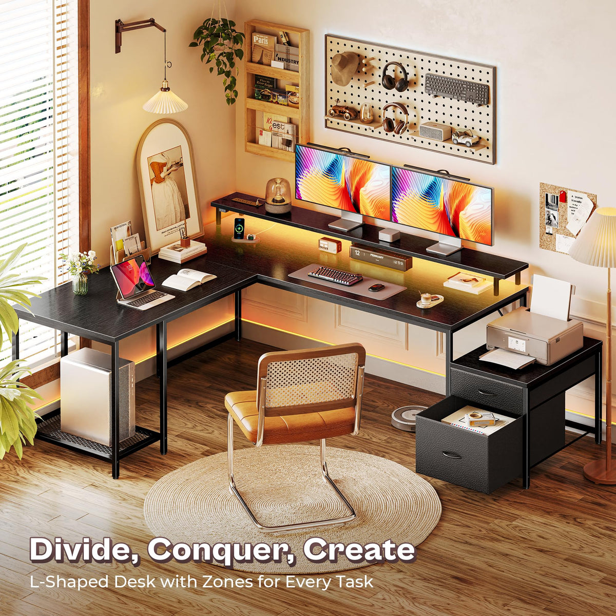 66" L Shaped Gaming Desk with LED Lights & Power Outlets U3042