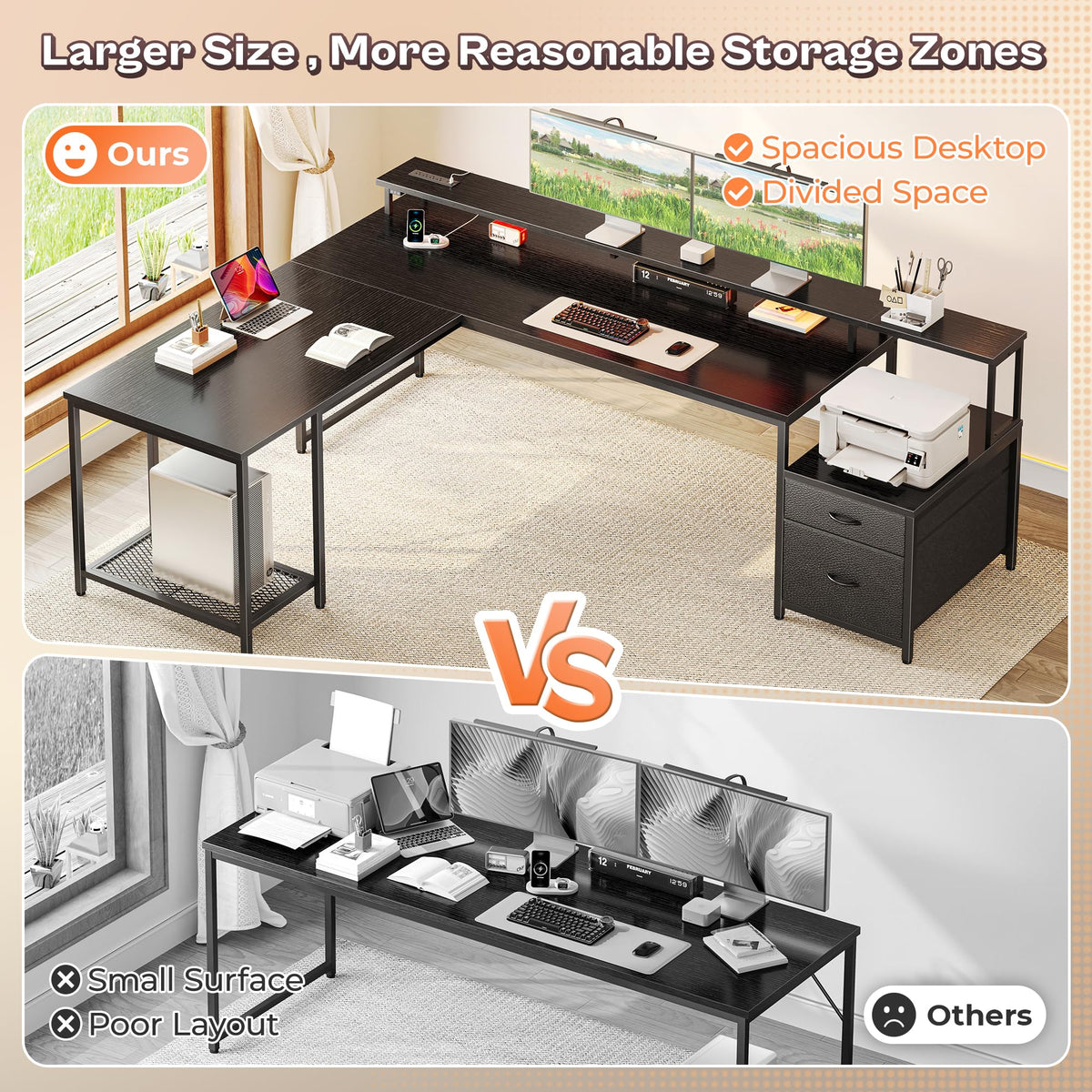 66" L Shaped Gaming Desk with LED Lights & Power Outlets U3042