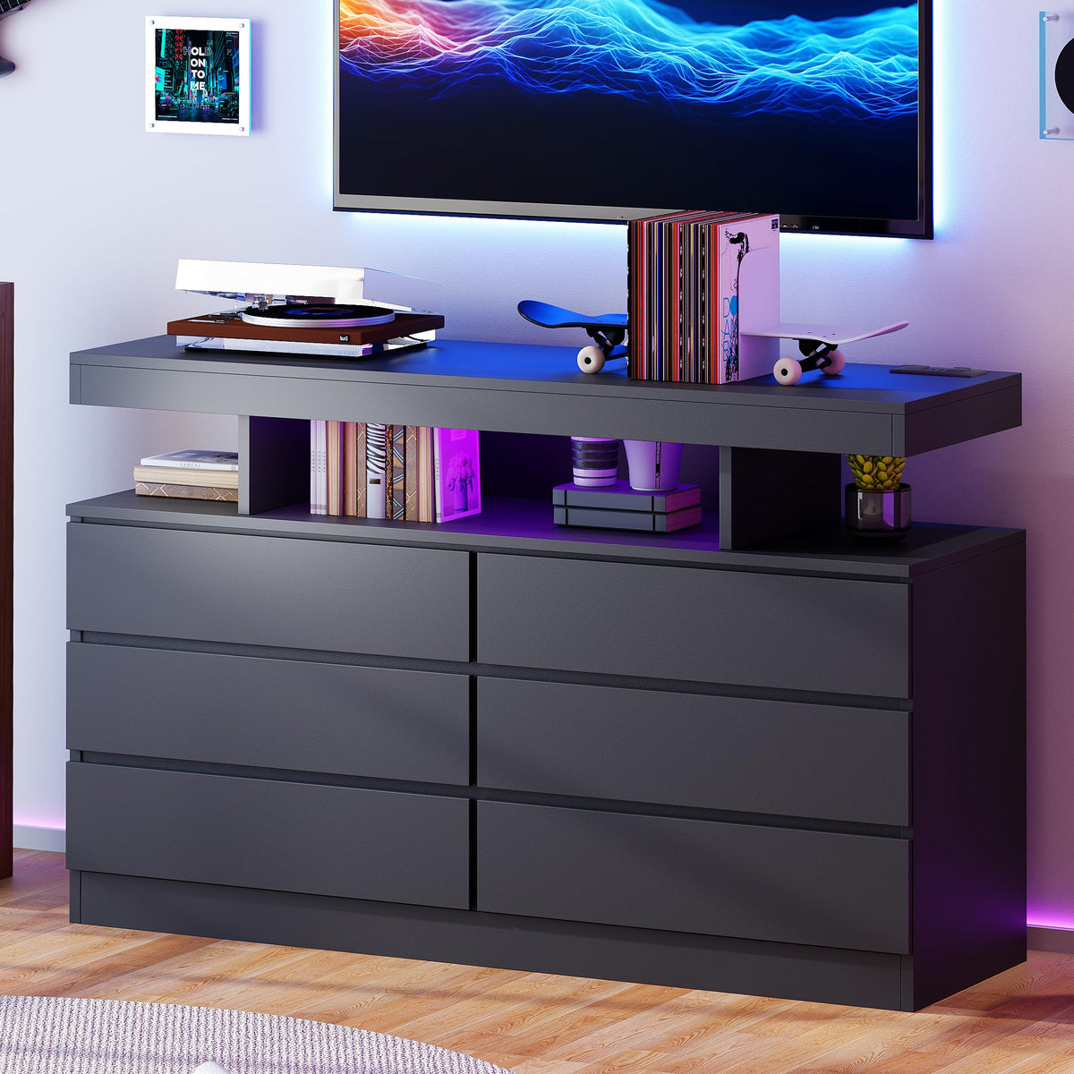 Black Dresser with Charging Station and LED Lights Y1490