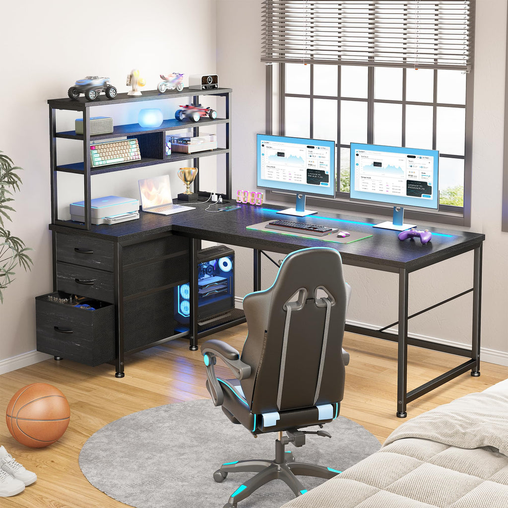 55" L Shaped Gaming Desk with 3 Fabric Drawers & Shelves S77358
