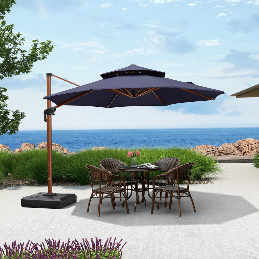 11ft Double Top Wood-Grain Finish Navy Blue Patio Umbrella S773227