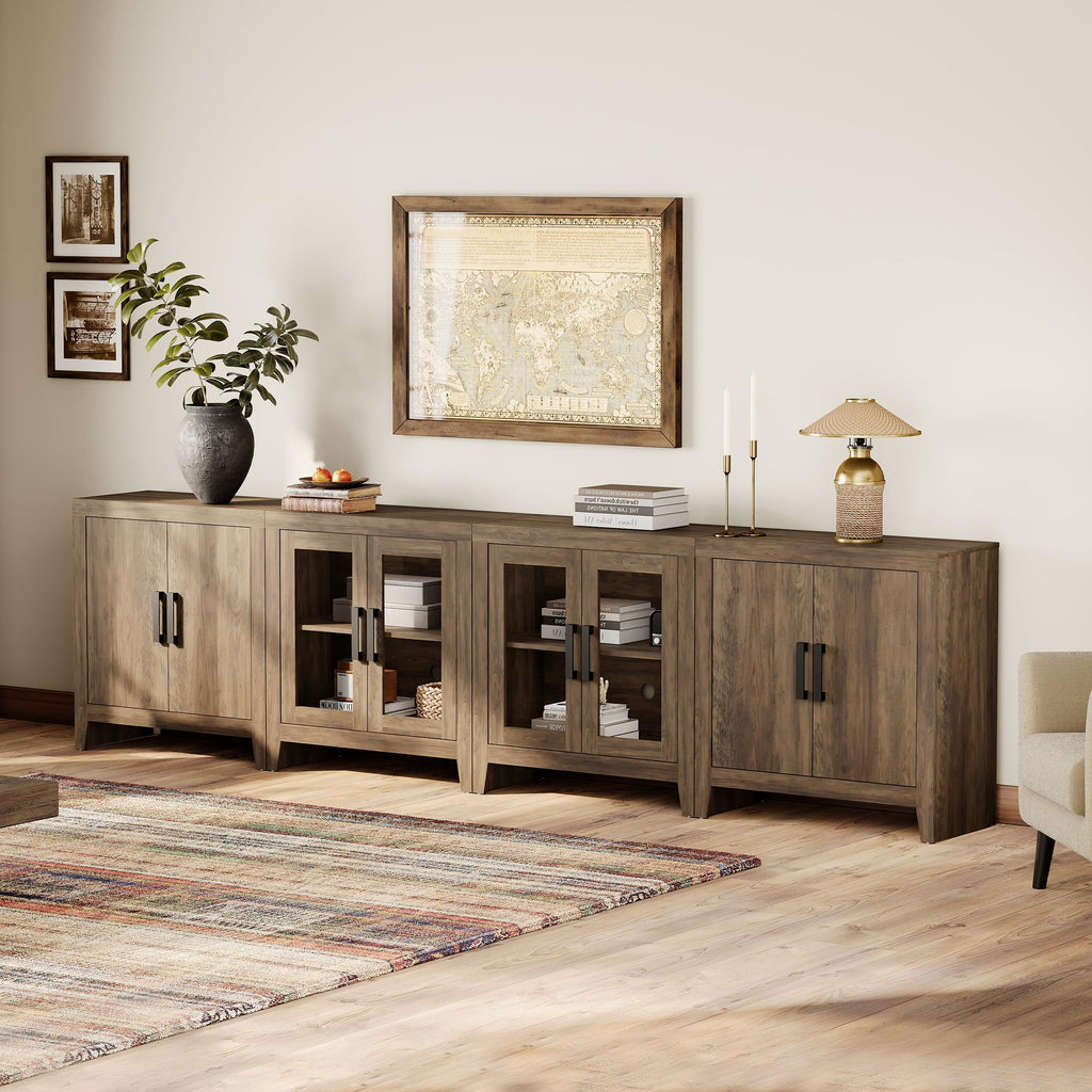 Brown Wood TV Stand with Storage and Glass Doors G2267